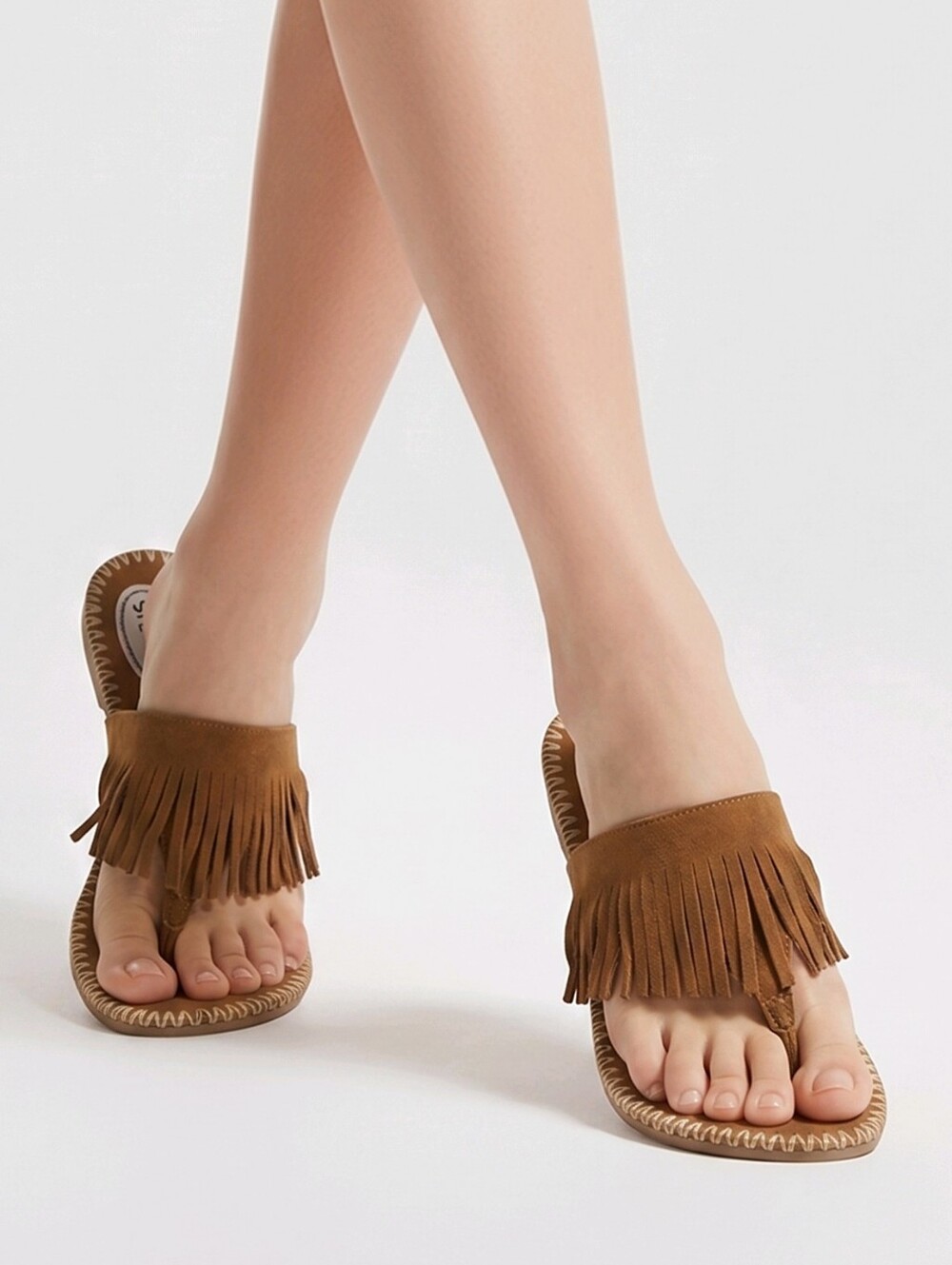 Stevies Fringe Sandals Brown Faux Suede Boho Festival Slides 5/6 Coastal Cowgirl